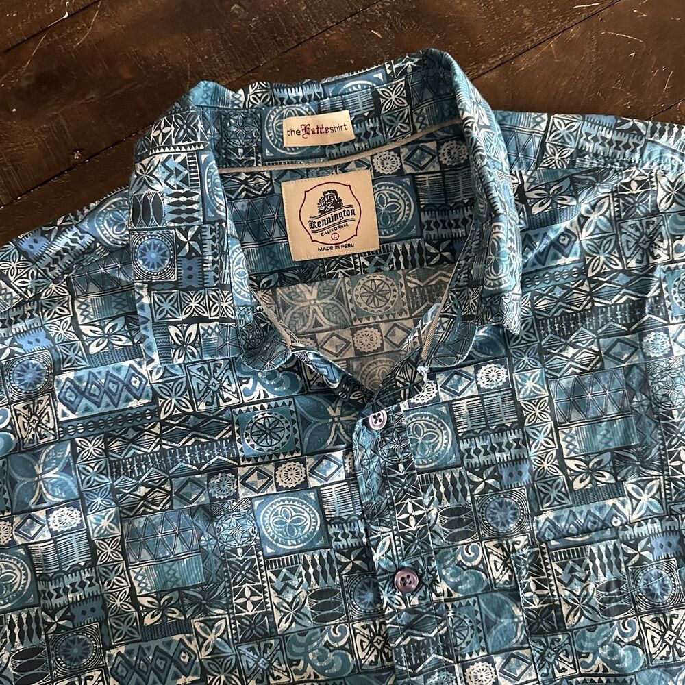 Kennington Shirt Mens Large Blue Hawaiian Aloha Short Sleeve Button Front Beach